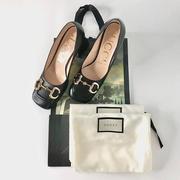 Gucci Baby Horsebit Black Leather Platform Heeled Pumps 37 - Picture 10 of 10